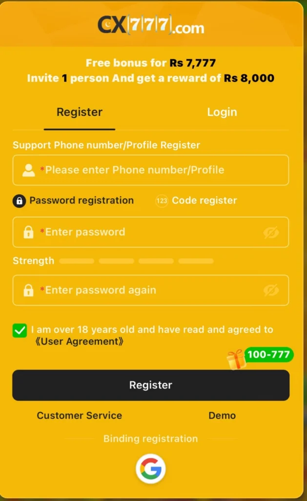 Register cx777 Game